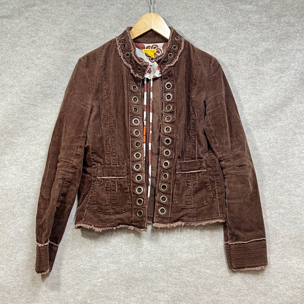 Y2K Salt & Pepper Brown Corduroy Grommet Hook & Eye Jacket Womens Large GUC